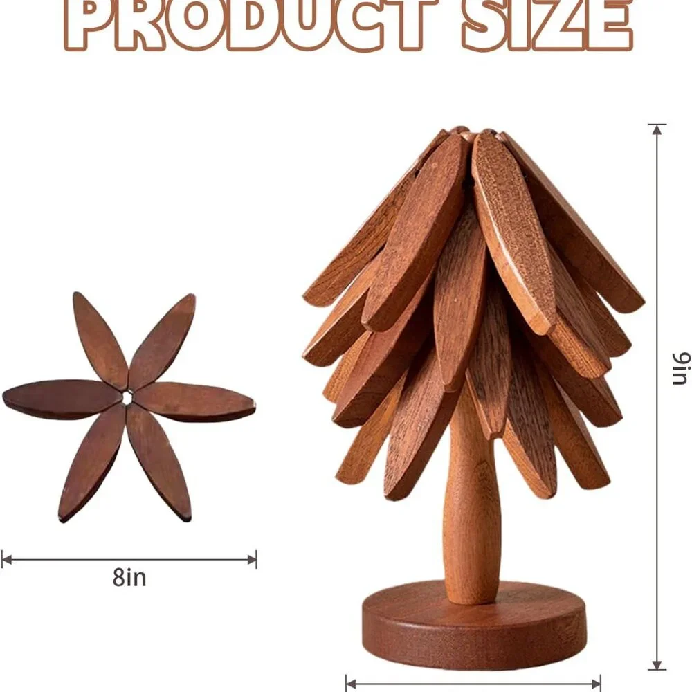 Wooden Trivets for Hot Dishes, Tree Shape Trivet Set, 4 Walnut Wood + 1 Stand st